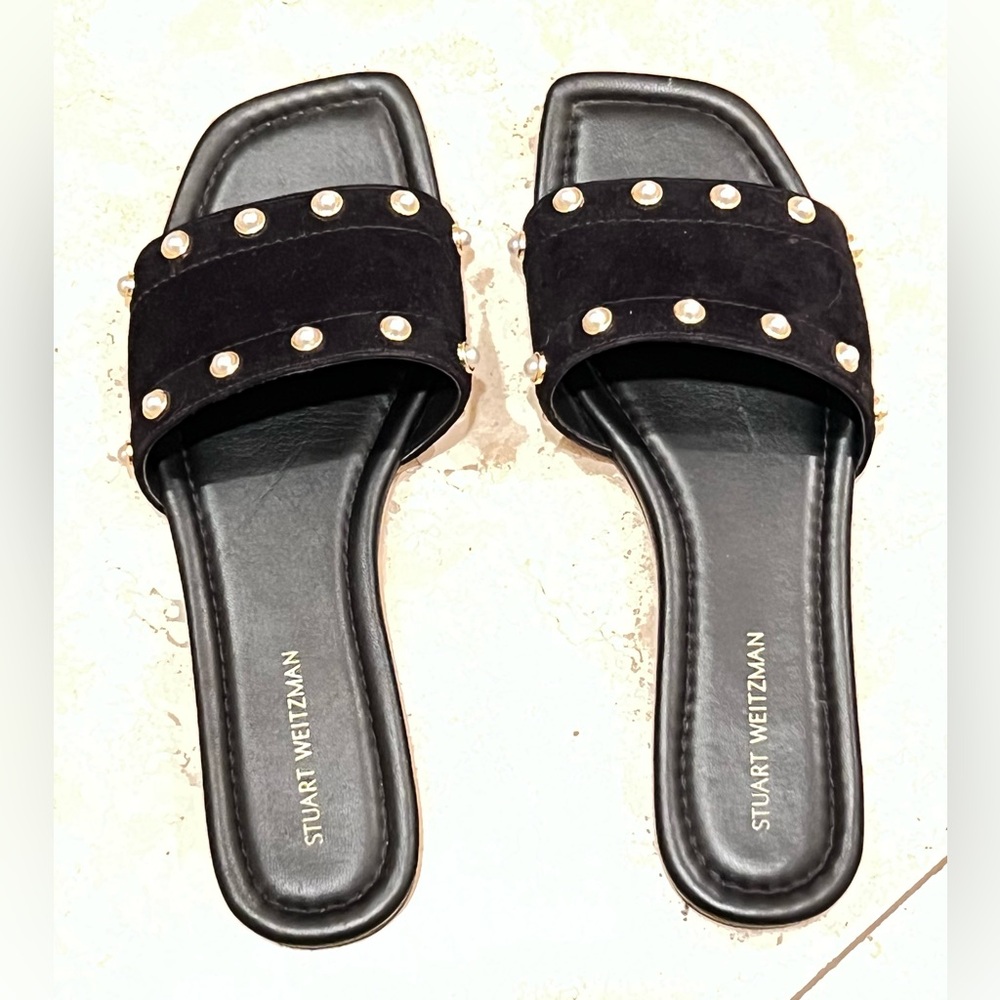 Stuart Weitzman Black Slide Sandals with Pearl Accents. Beautiful condition.
